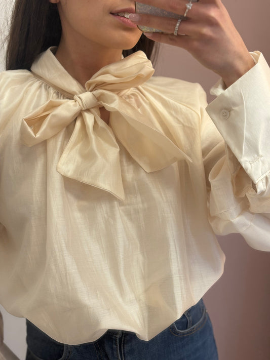 CAMICIA CHIFFON CON FIOCCO PANNA