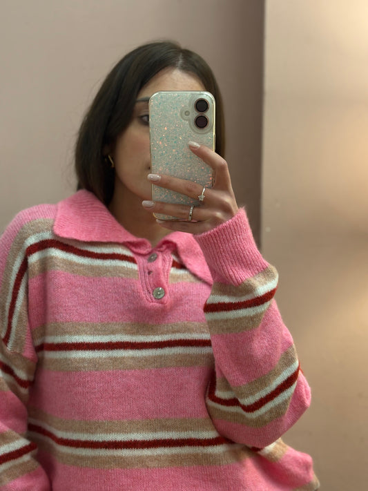 MAGLIONE POLO A RIGHE ROSA