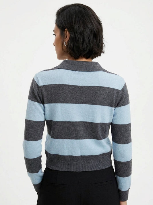 CARDIGAN POLO A RIGHE CELESTE