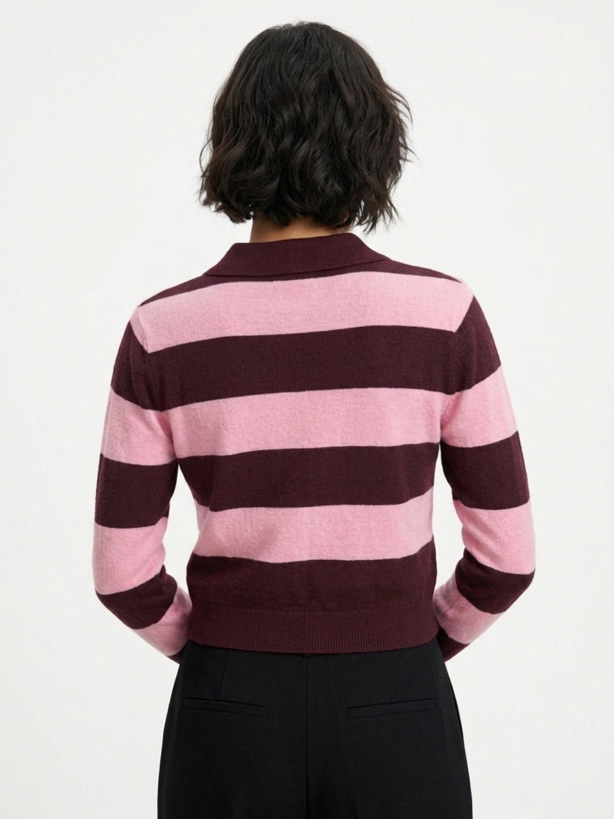 CARDIGAN POLO A RIGHE ROSA