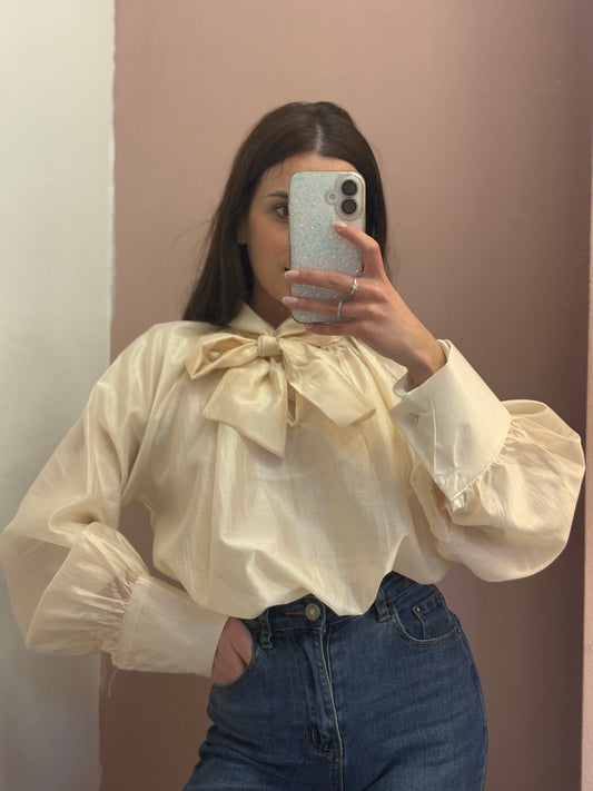 CAMICIA CHIFFON CON FIOCCO PANNA