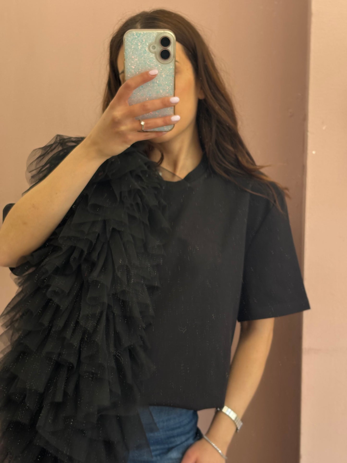 T-SHIRT NERA CON TULLE