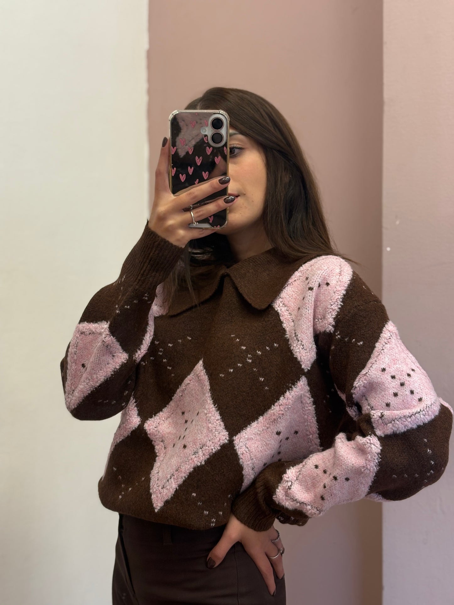 MAGLIONE ROMBI ROSA E MARRONE