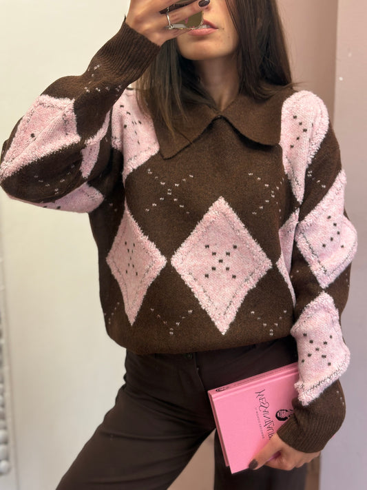 MAGLIONE ROMBI ROSA E MARRONE
