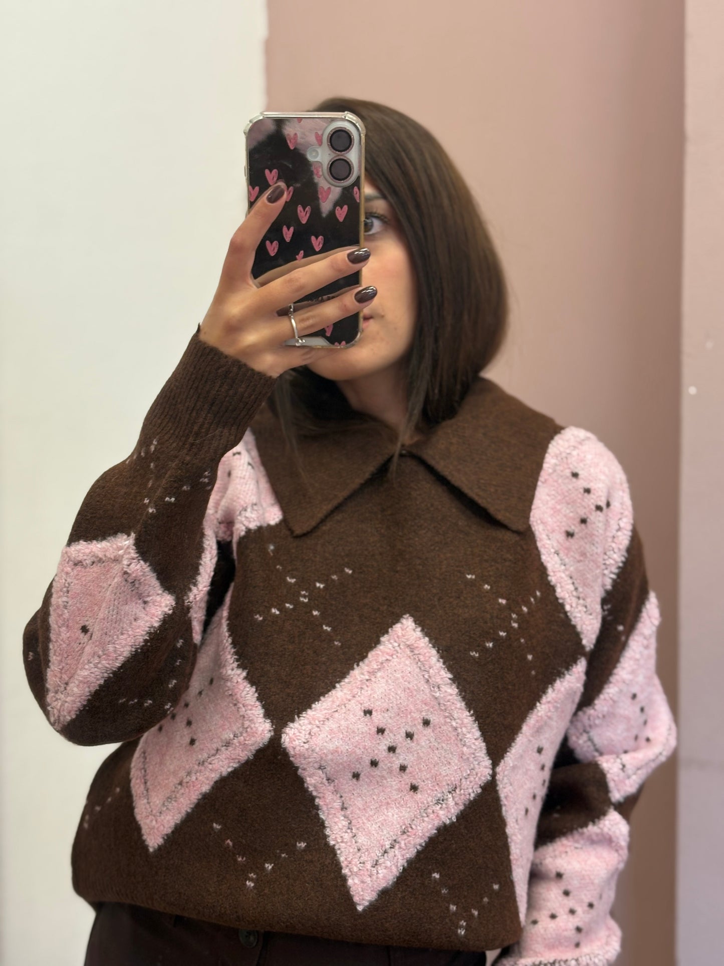 MAGLIONE ROMBI ROSA E MARRONE