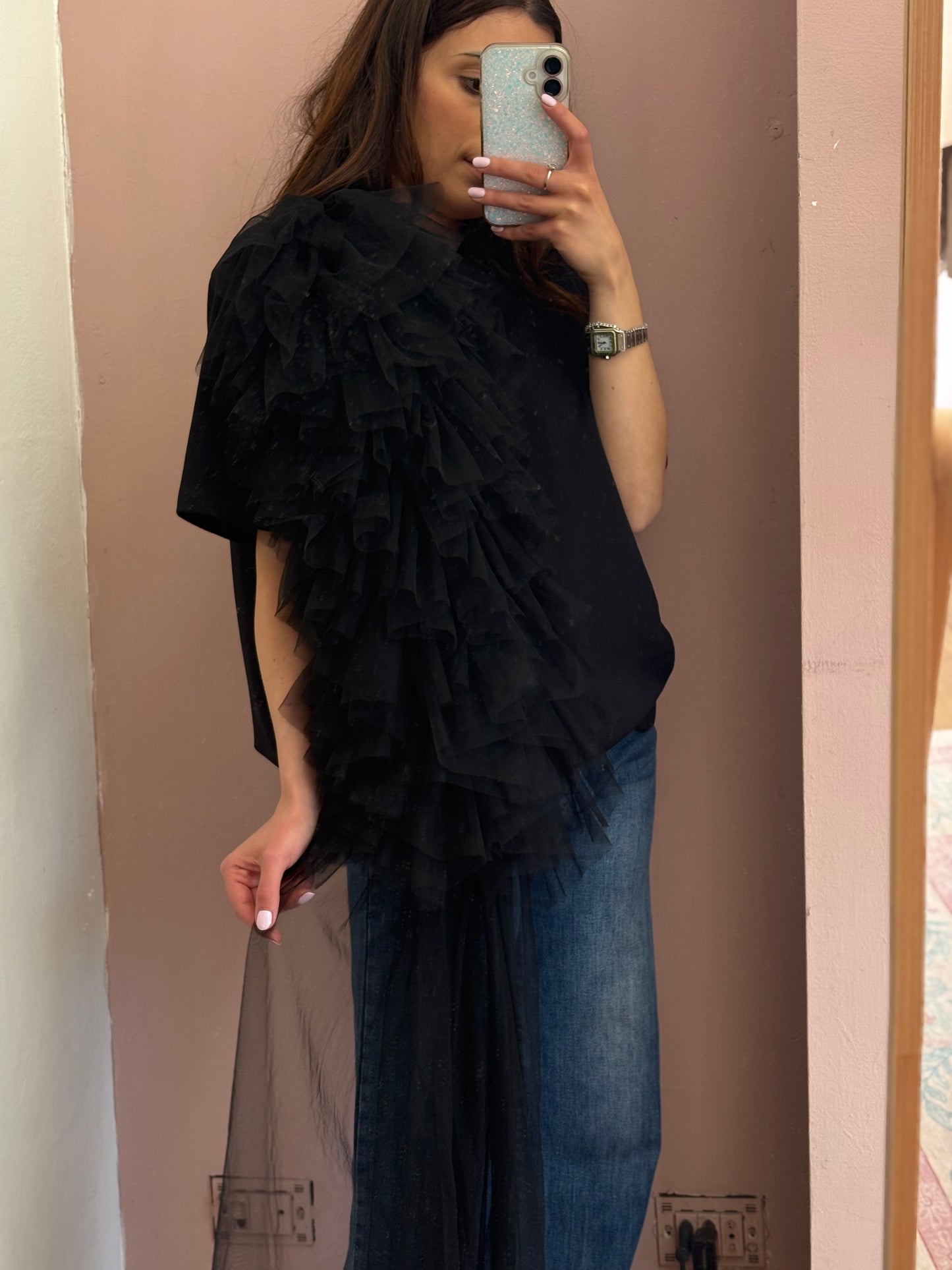 T-SHIRT NERA CON TULLE