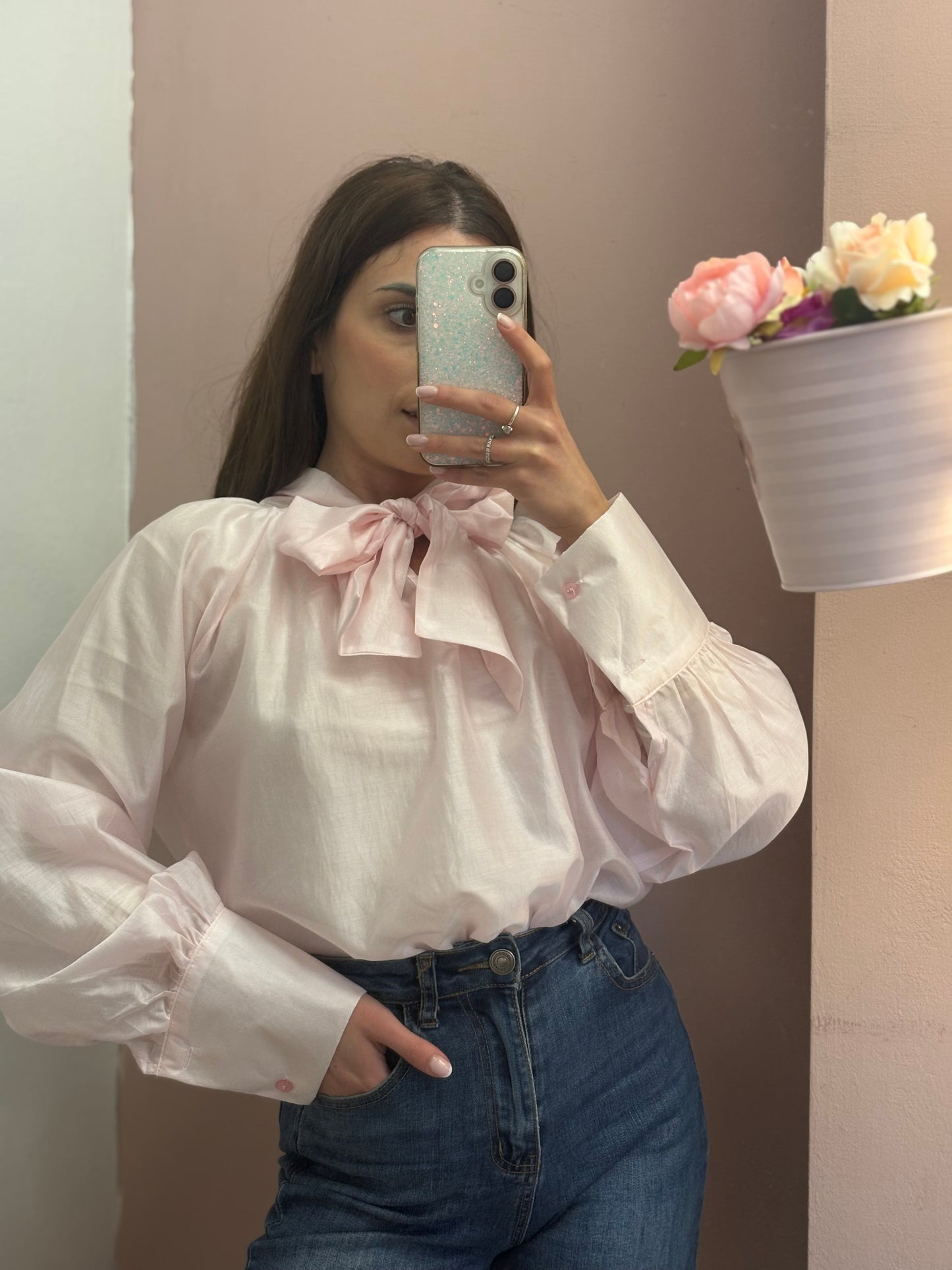 CAMICIA CHIFFON CON FIOCCO ROSA