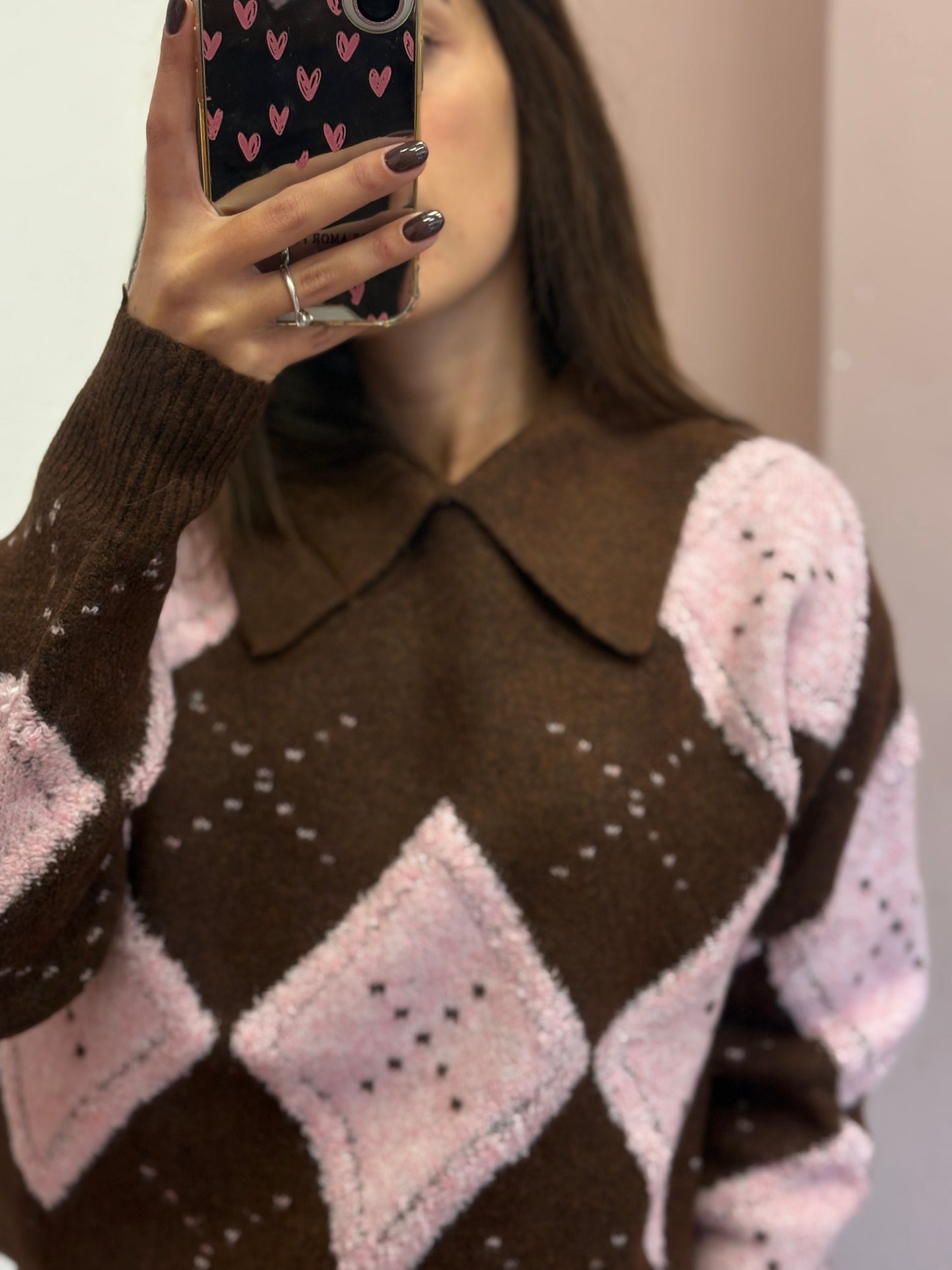 MAGLIONE ROMBI ROSA E MARRONE