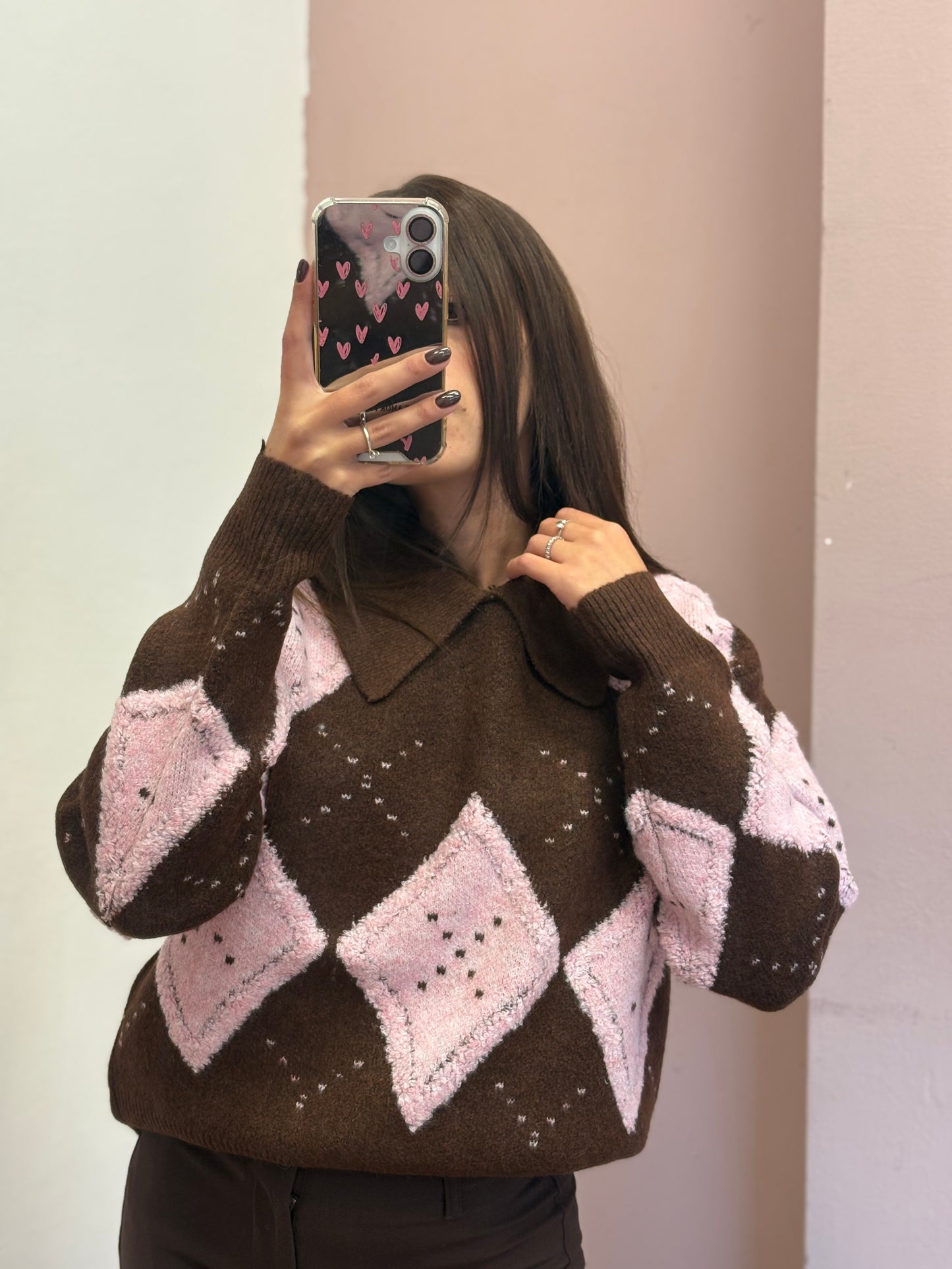 MAGLIONE ROMBI ROSA E MARRONE