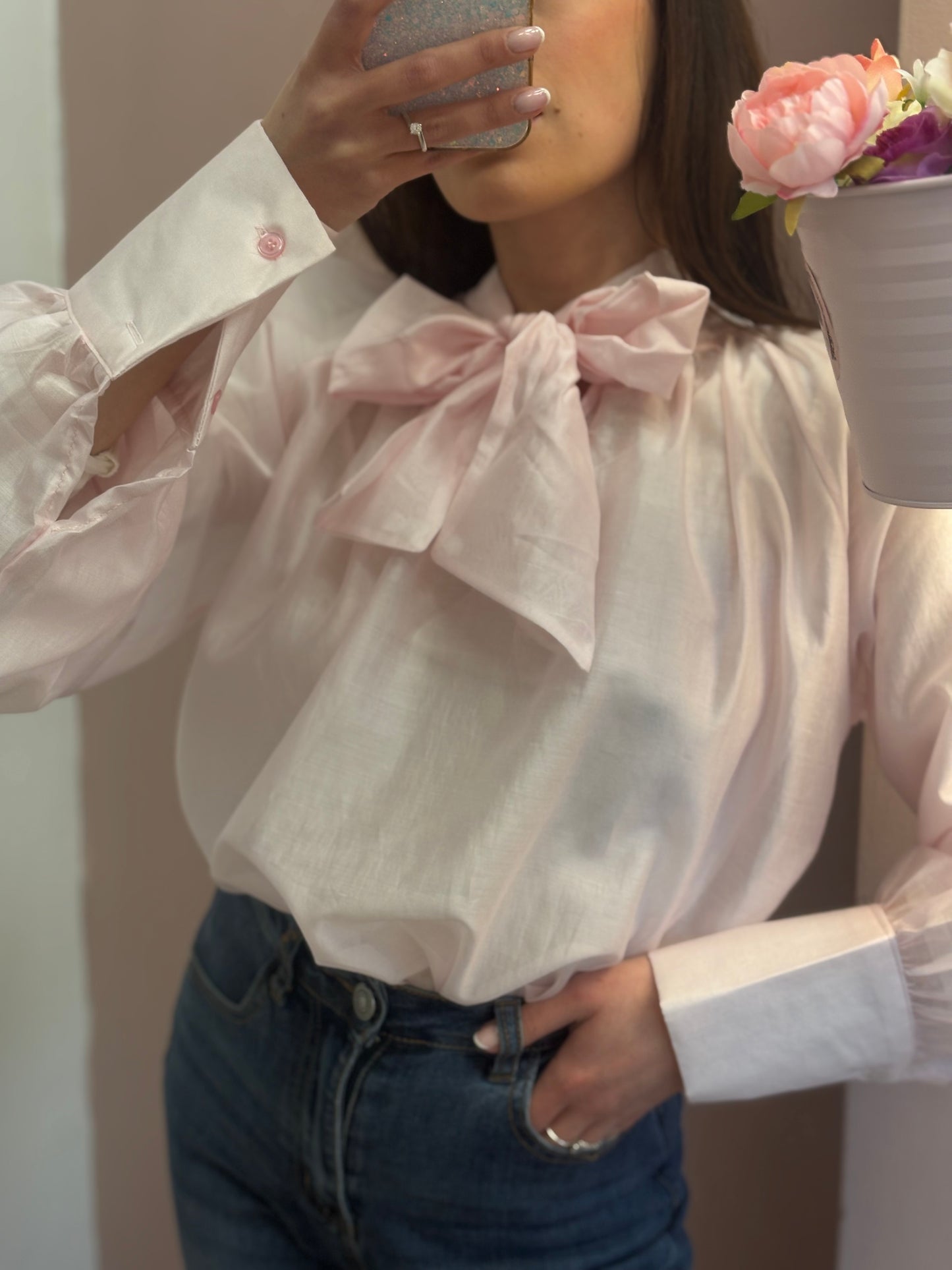 CAMICIA CHIFFON CON FIOCCO ROSA