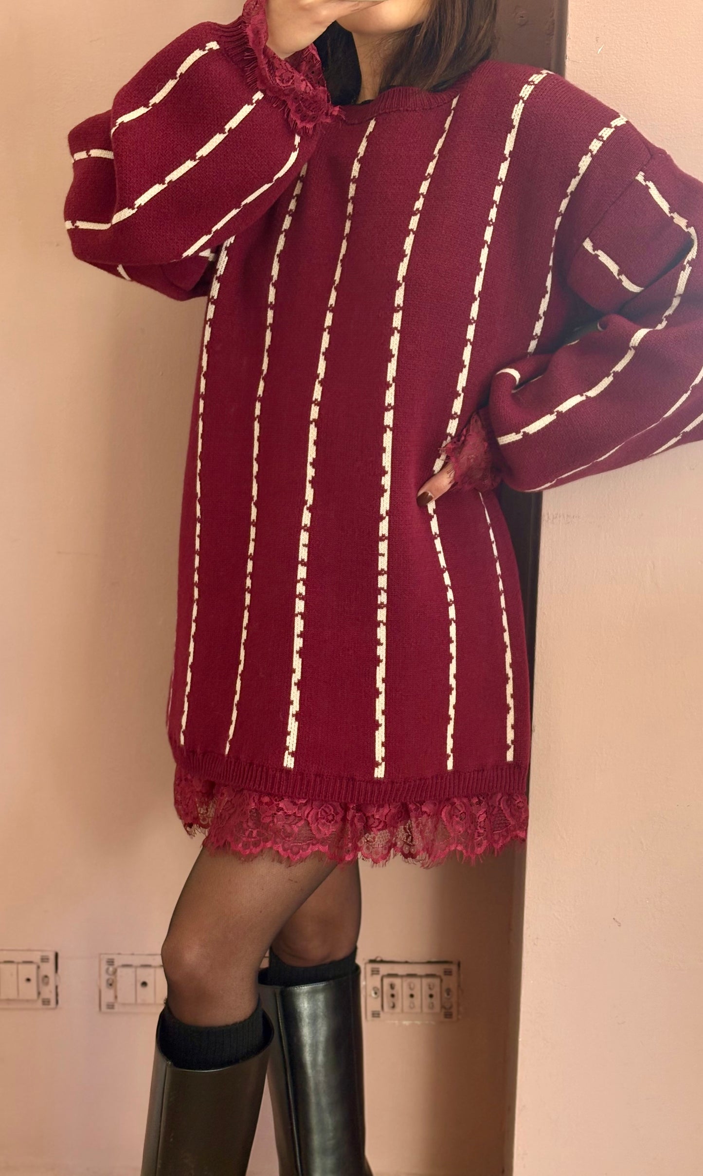 MAXI PULL CON PIZZO BORDEAUX