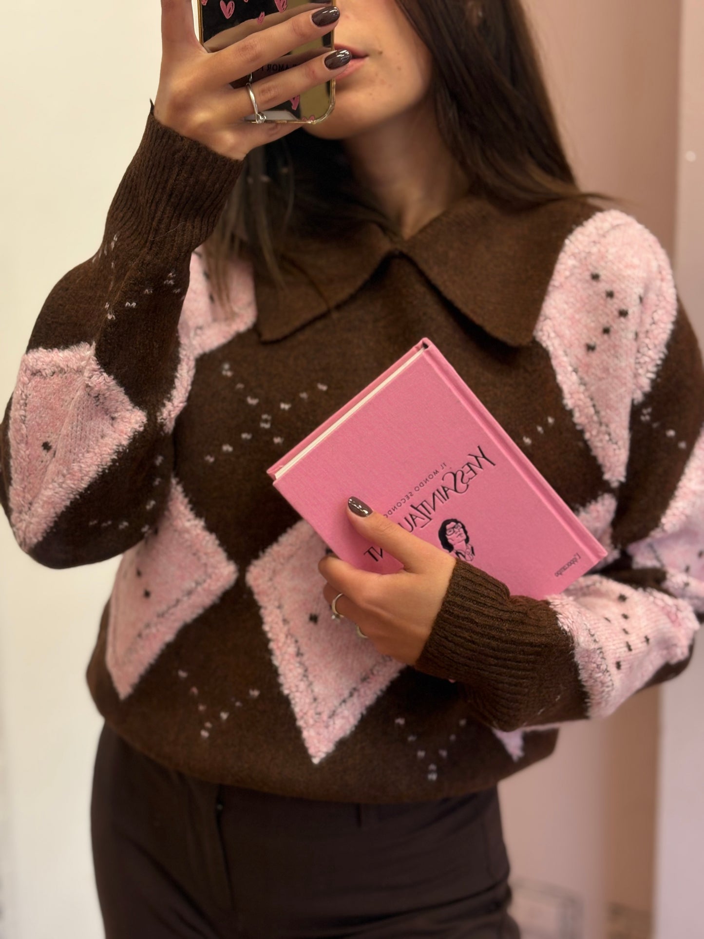 MAGLIONE ROMBI ROSA E MARRONE