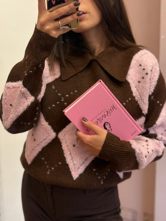 MAGLIONE ROMBI ROSA E MARRONE