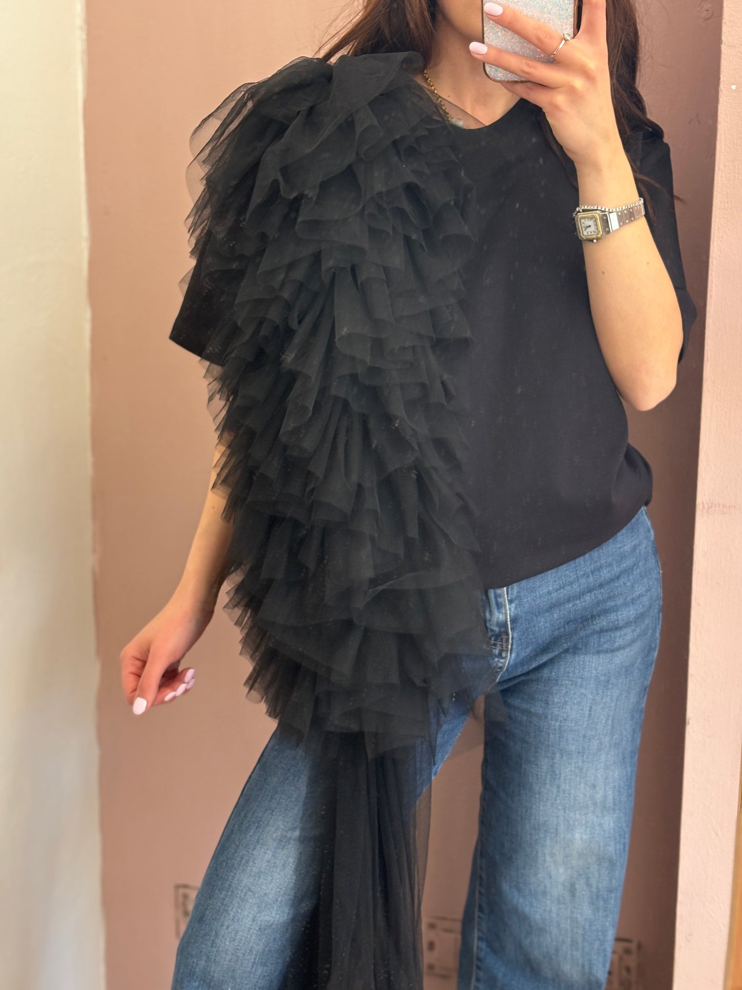 T-SHIRT NERA CON TULLE