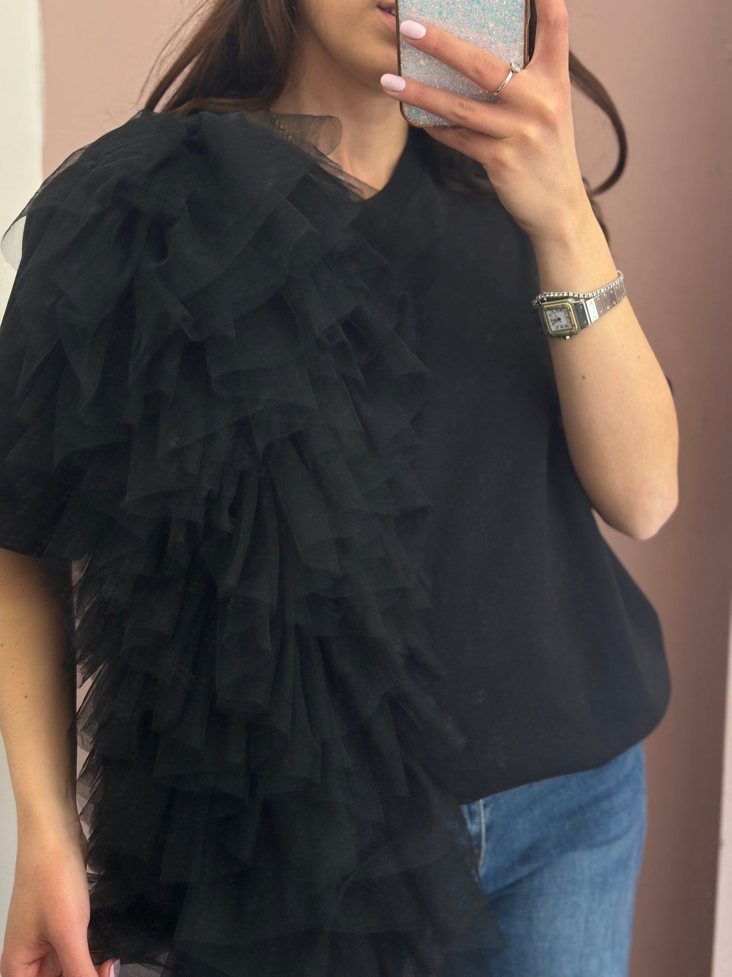 T-SHIRT NERA CON TULLE
