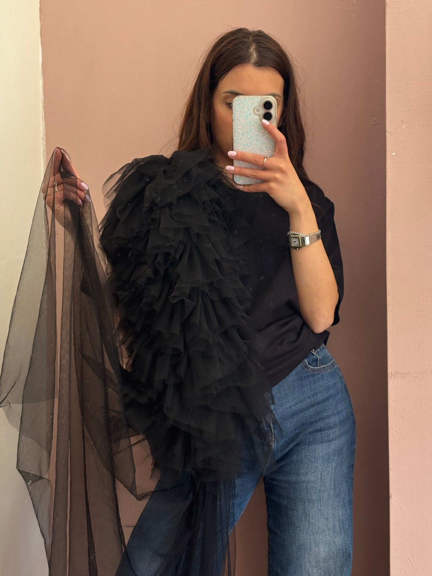 T-SHIRT NERA CON TULLE