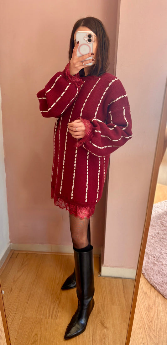 MAXI PULL CON PIZZO BORDEAUX