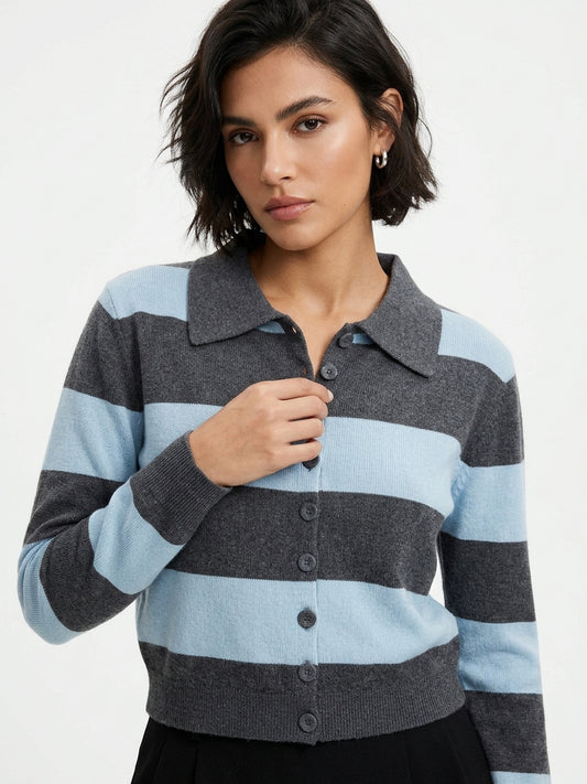 CARDIGAN POLO A RIGHE CELESTE