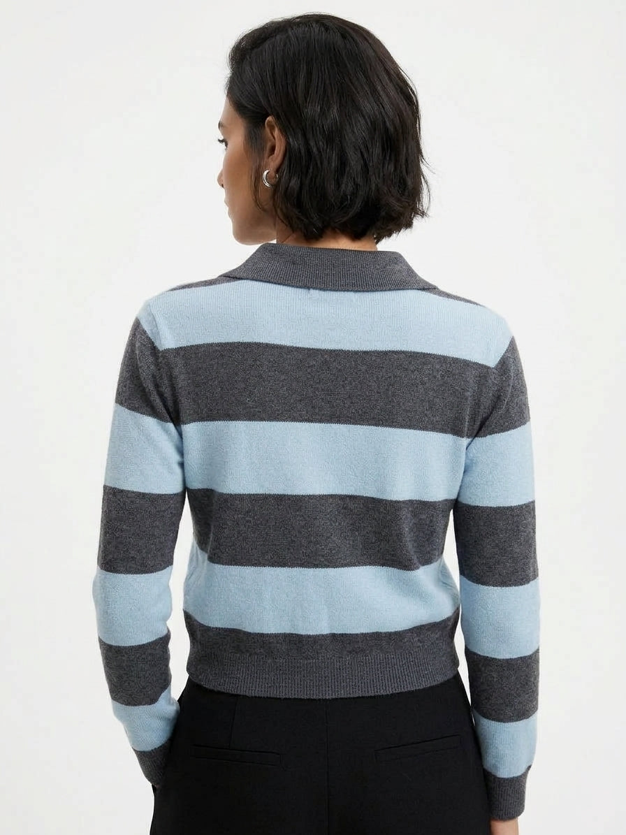 CARDIGAN POLO A RIGHE CELESTE