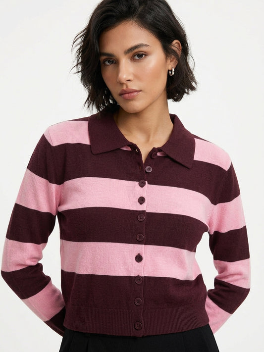 CARDIGAN POLO A RIGHE ROSA